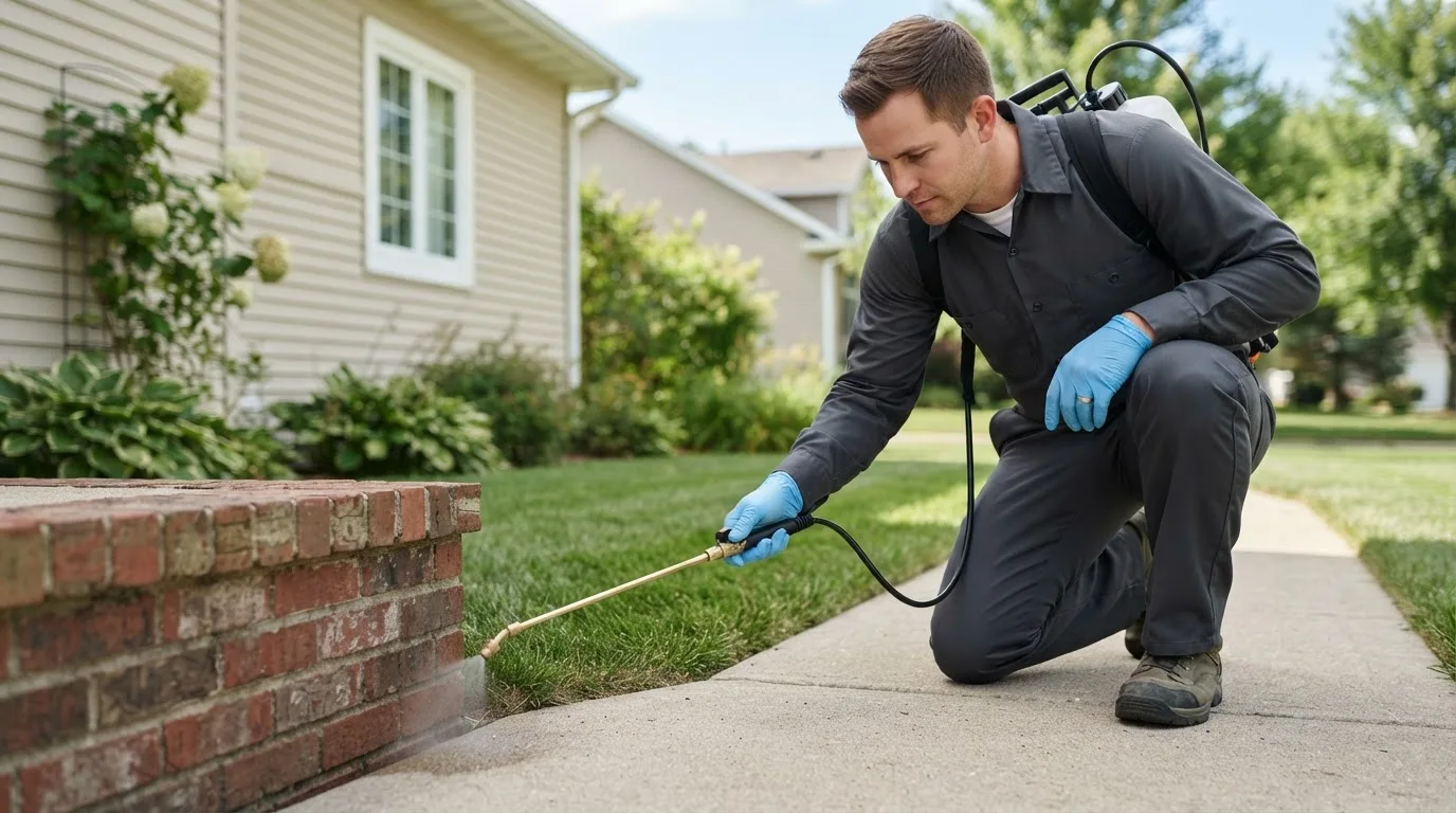 Pest control technician treating a home near Vernon Center, MN